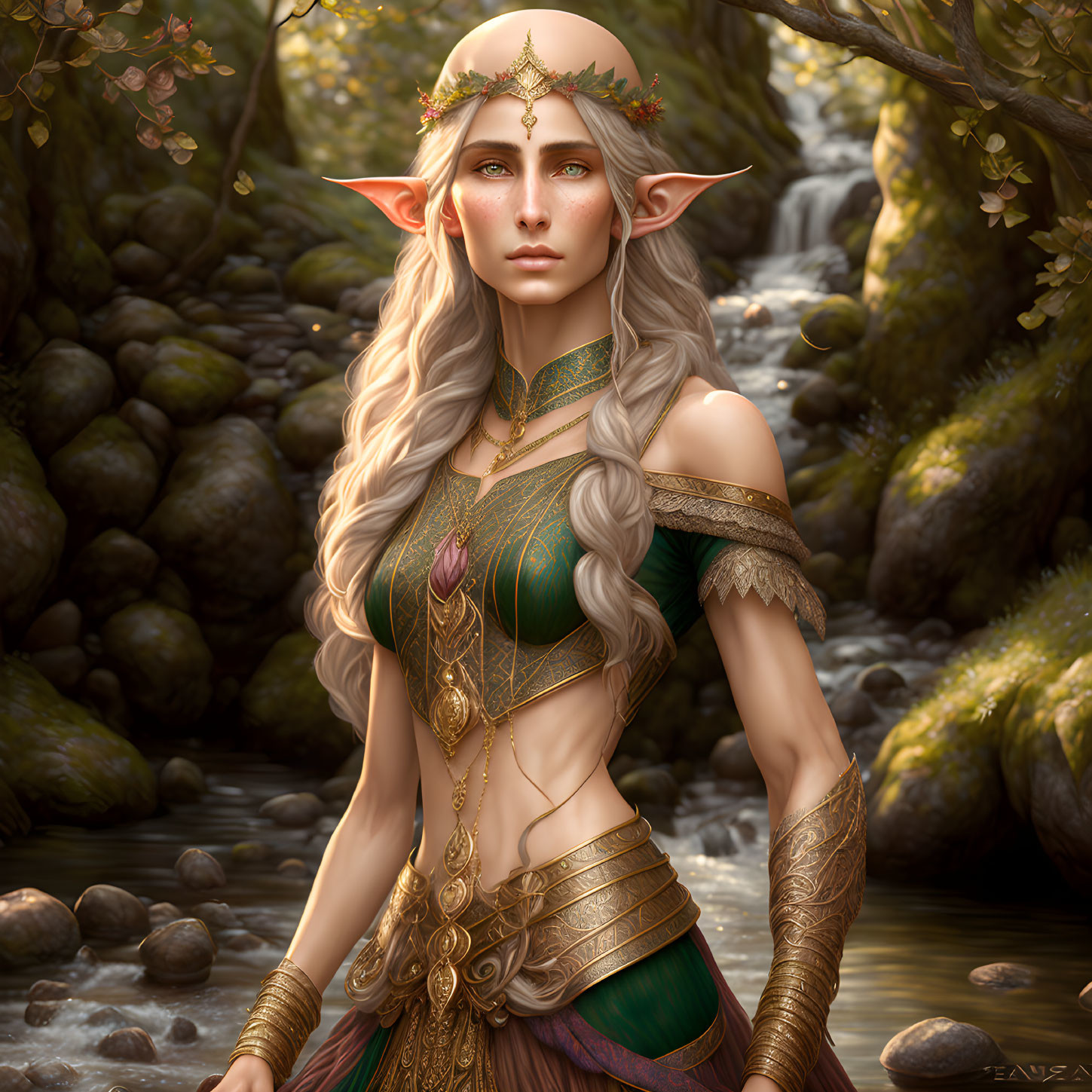 Elven character with pointy ears, crown, and golden armor in forest creek