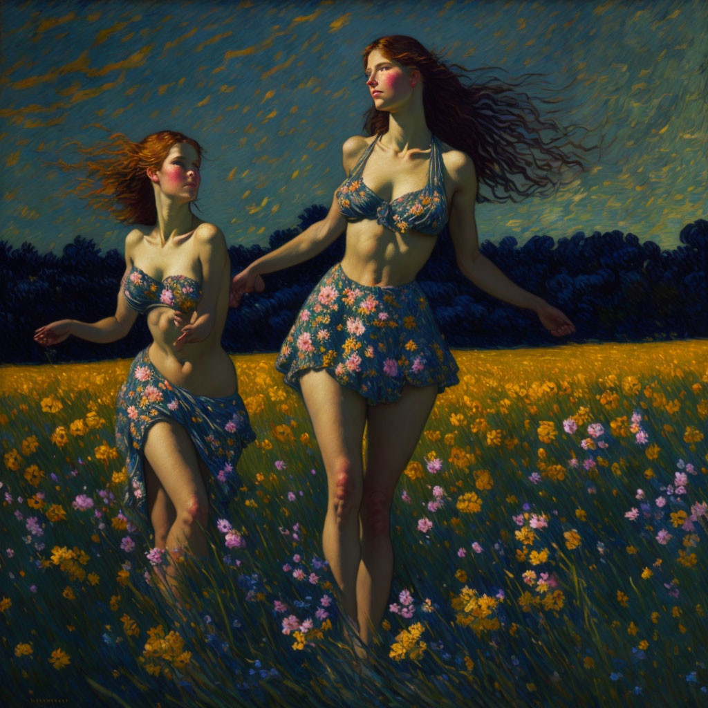 Two women in floral outfits running through a flower field with flowing hair in dynamic painted texture