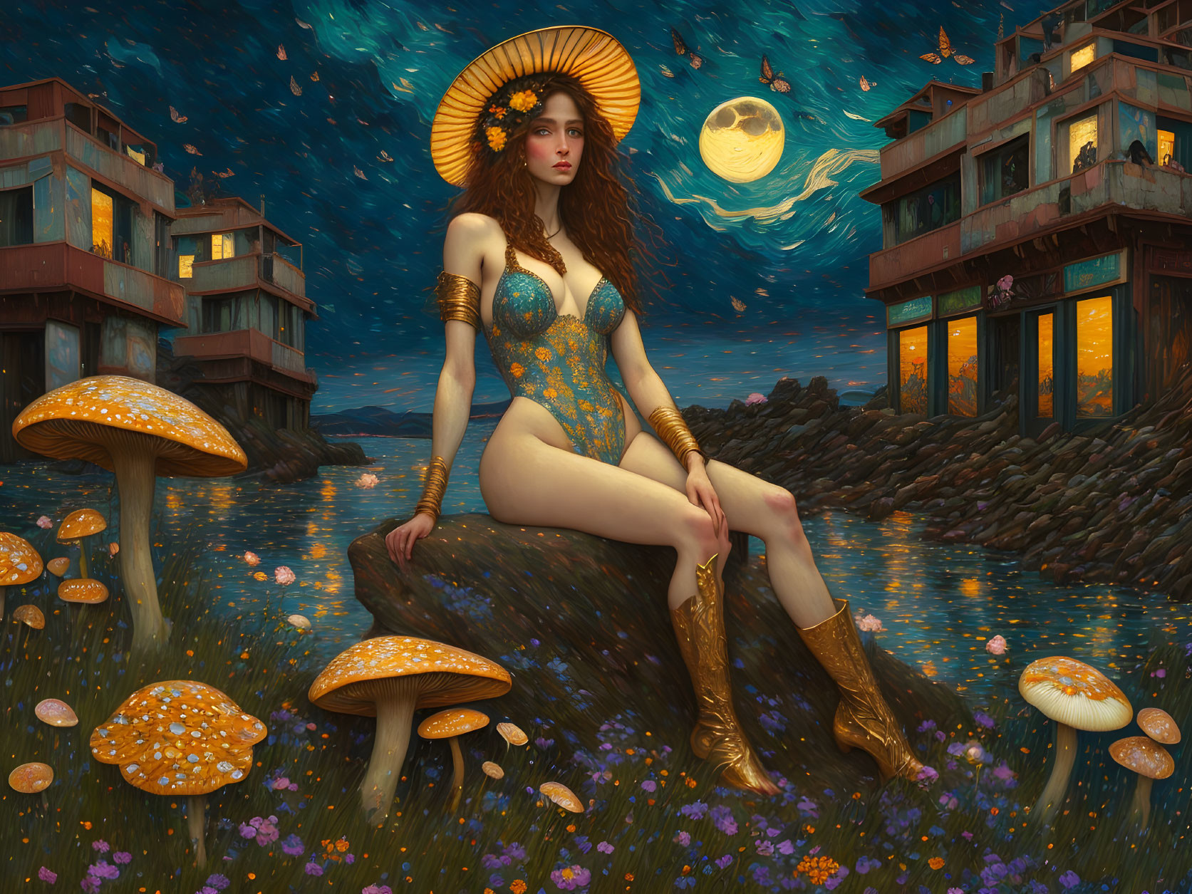 Fantastical artwork: Woman with halo on giant mushrooms near water, whimsical buildings, starry