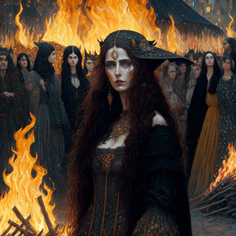 Red-haired woman in gothic attire at fiery crowd scene