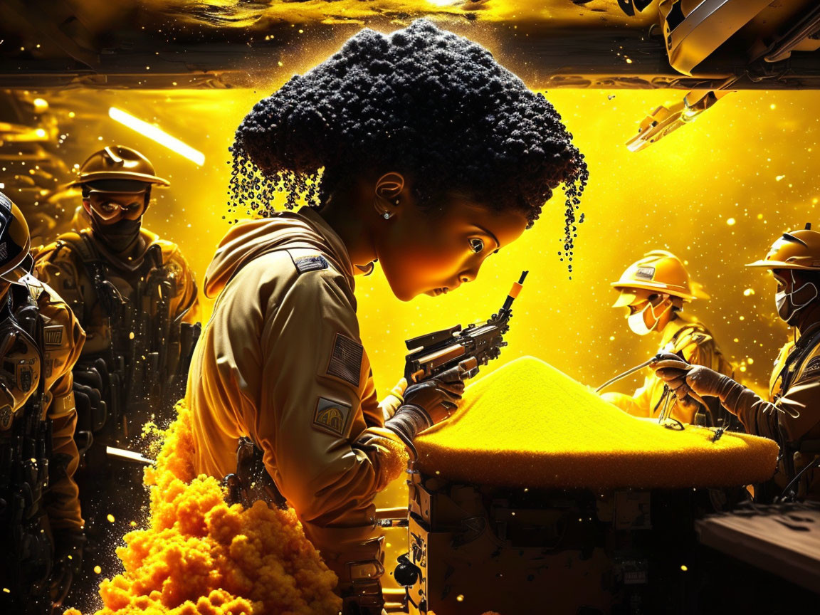 Futuristic military scene with person in afro hairstyle and troops amidst explosion