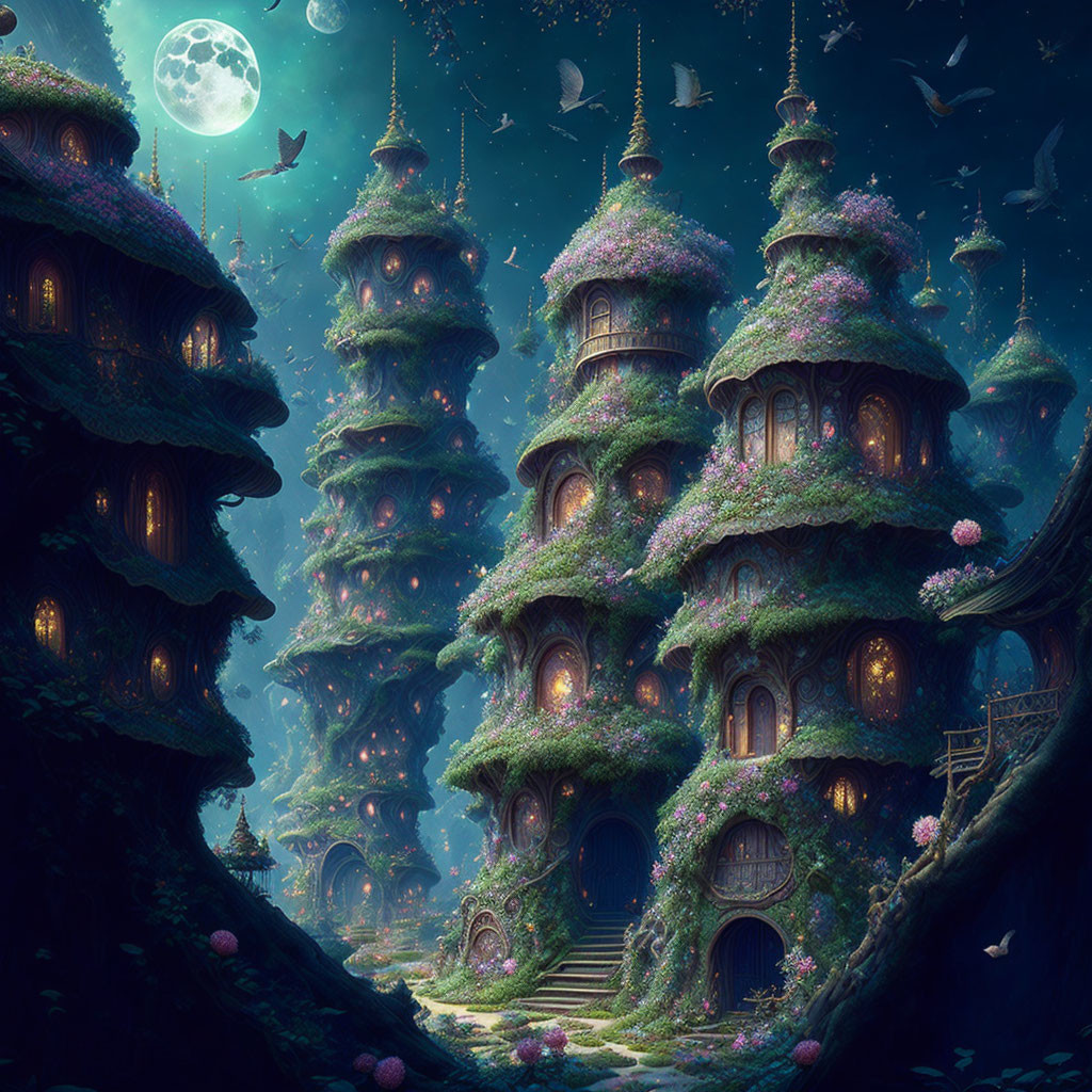 Enchanted forest scene: glowing treehouses, full moon, flying birds