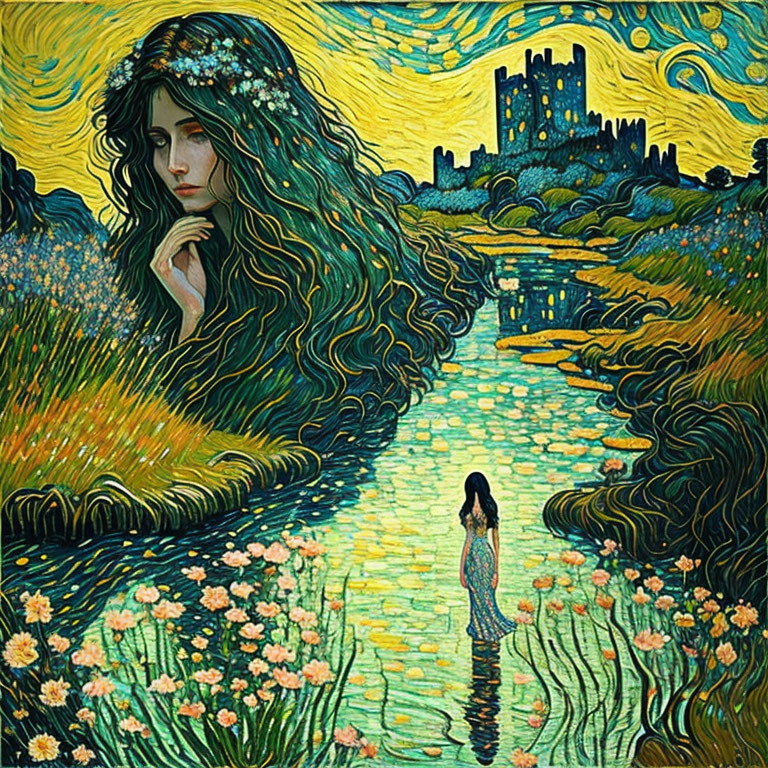 Stylized painting of woman by river with vibrant colors