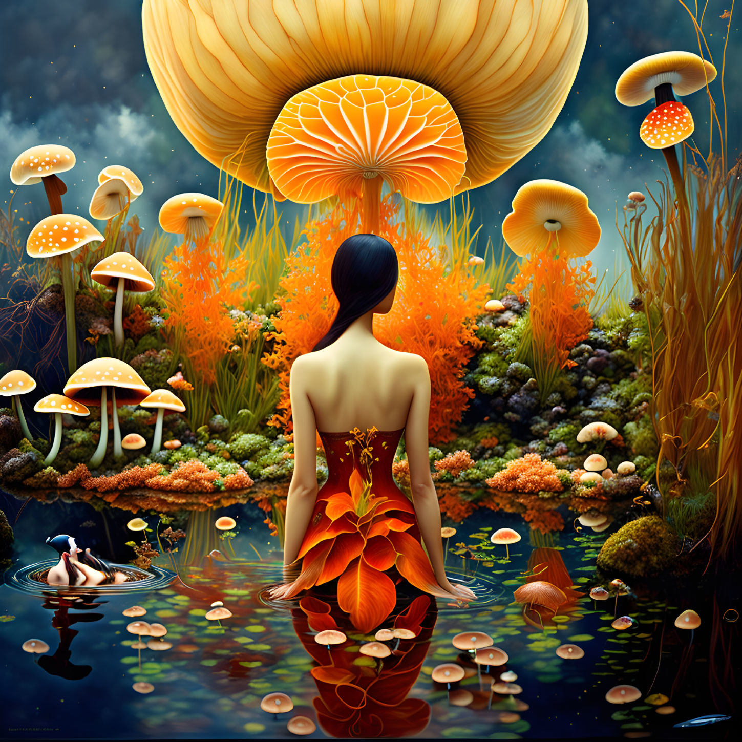 Woman in Floral Dress by Serene Pond with Mushrooms and Duck