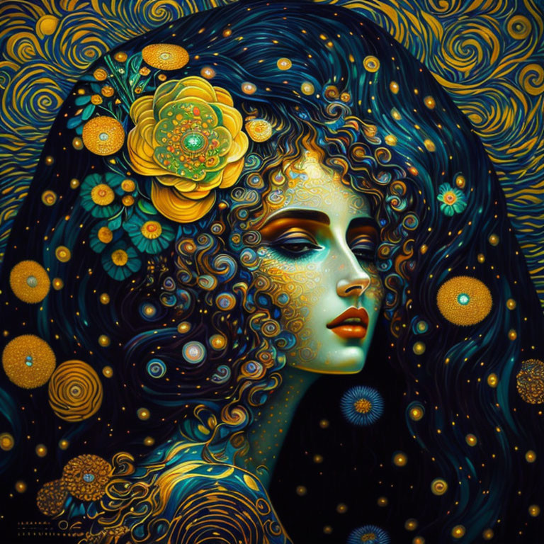 Stylized portrait of woman with cosmic patterns and floral motifs