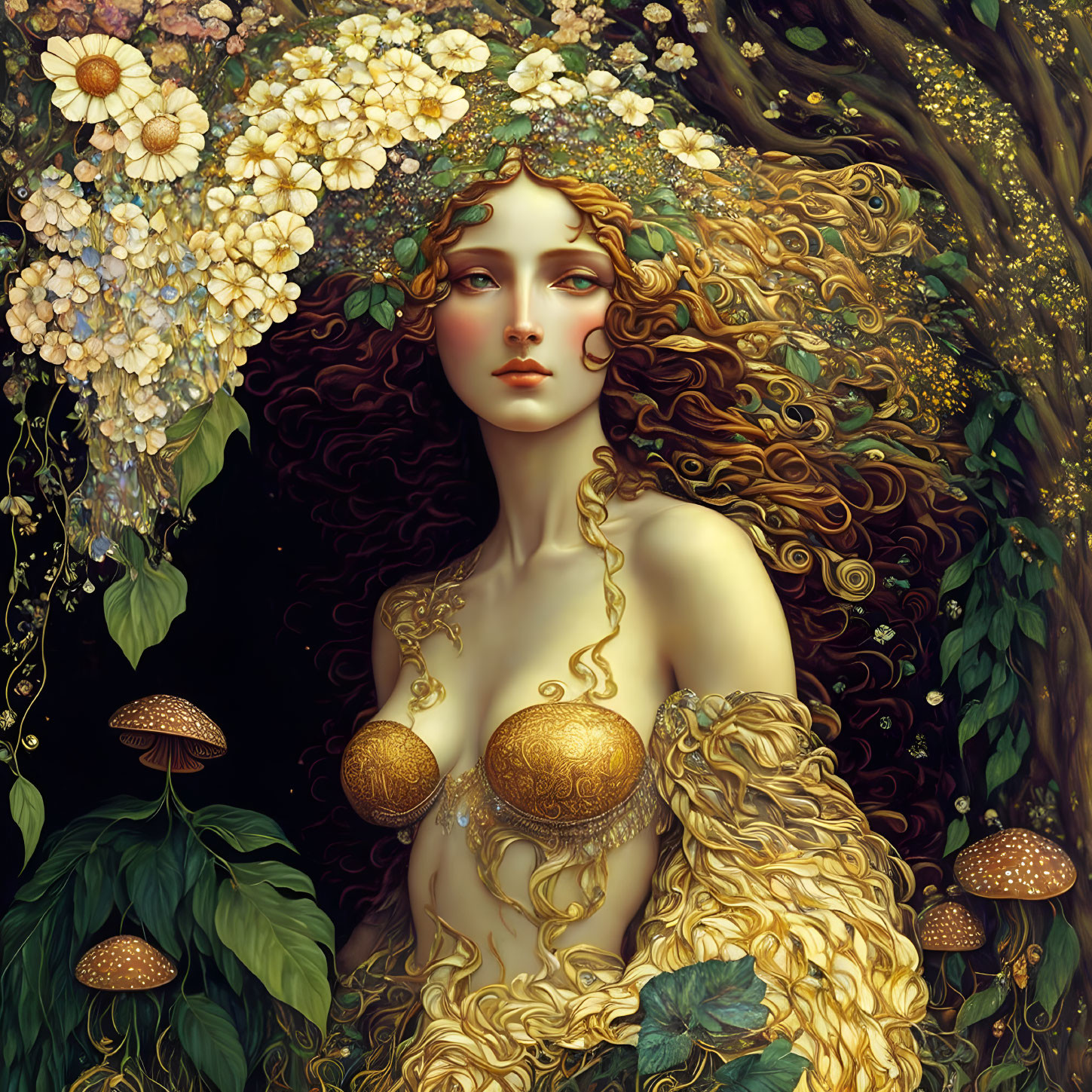 Golden-haired woman in natural elements with flowers and mushrooms: mystical Art Nouveau vibe