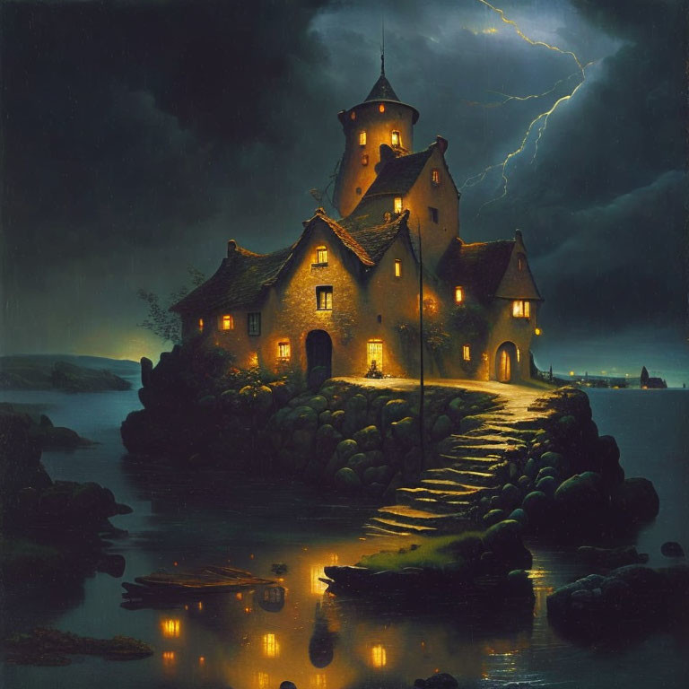 Illuminated cottage on stormy islet with lightning and stone path