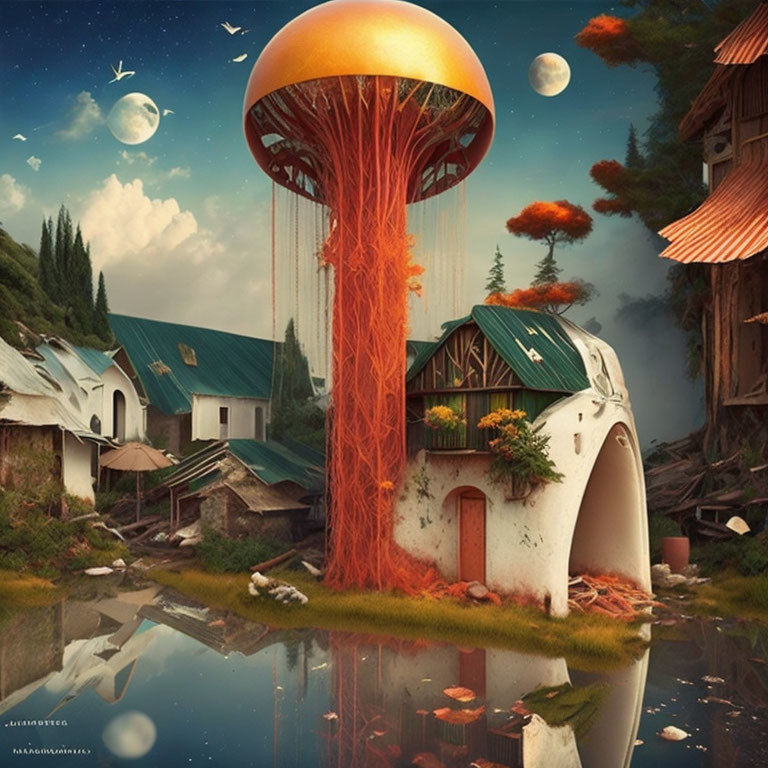 Fantasy landscape with floating islands, jellyfish-like tree, quaint houses, tranquil waters, twilight sky