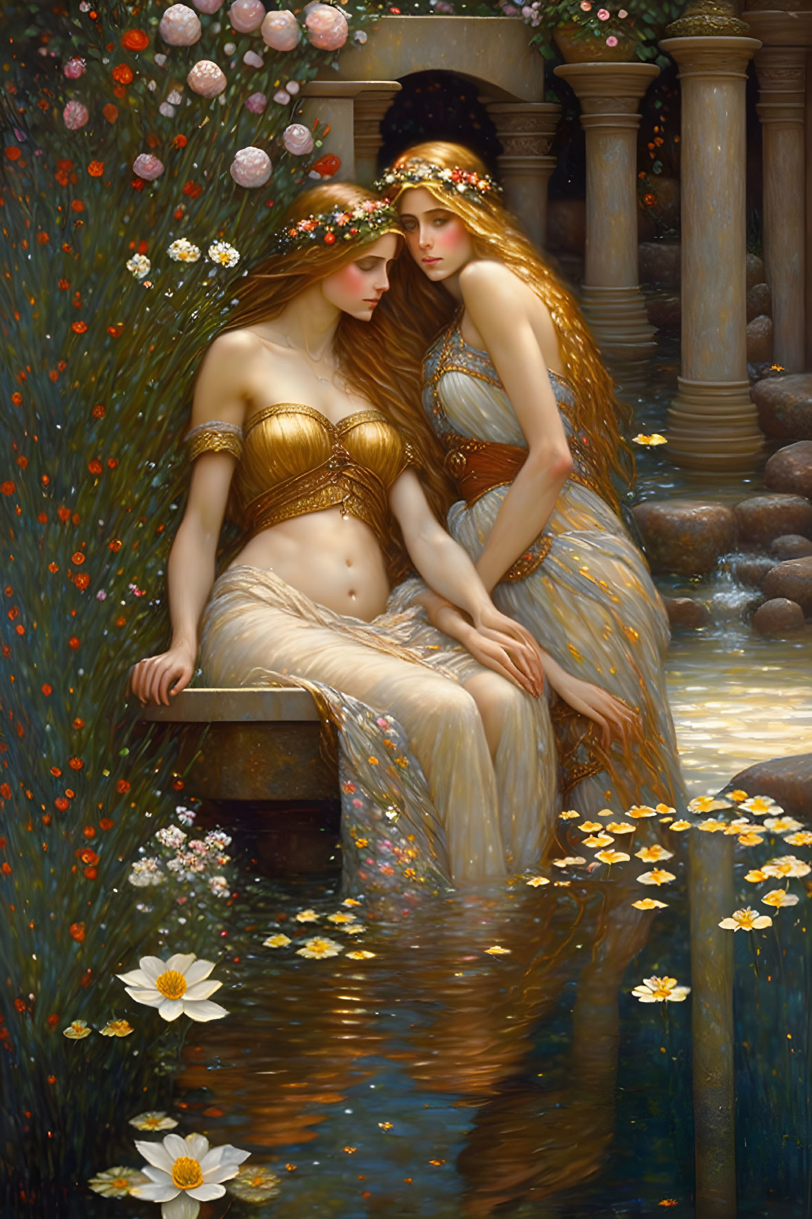 Two Women with Golden Headdresses and Translucent Dresses by Water Fountain