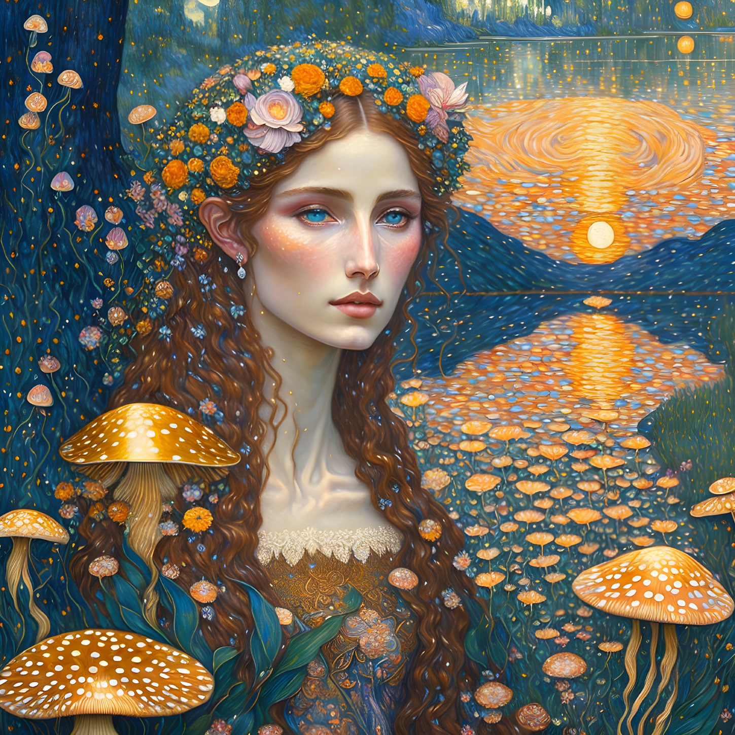 Woman in floral crown in stylized forest with shimmering water & glowing mushrooms