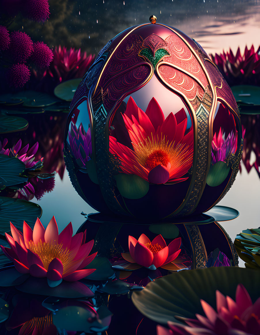 Ornate sphere among pink water lilies in serene setting