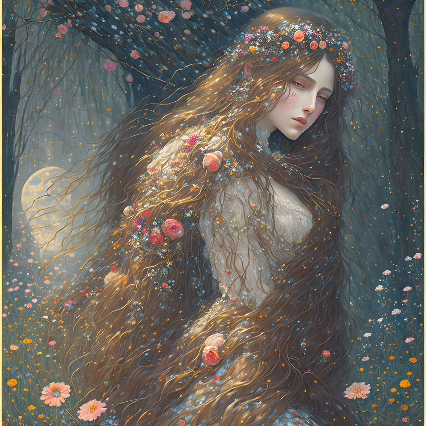 Mystical woman with flowers in hair in moonlit forest