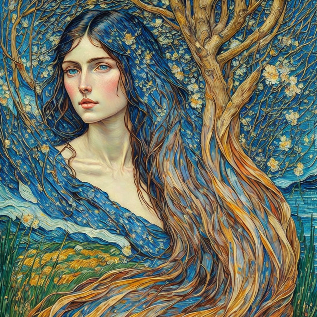 Woman with flowing hair merging with tree and blossoms in Van Gogh style