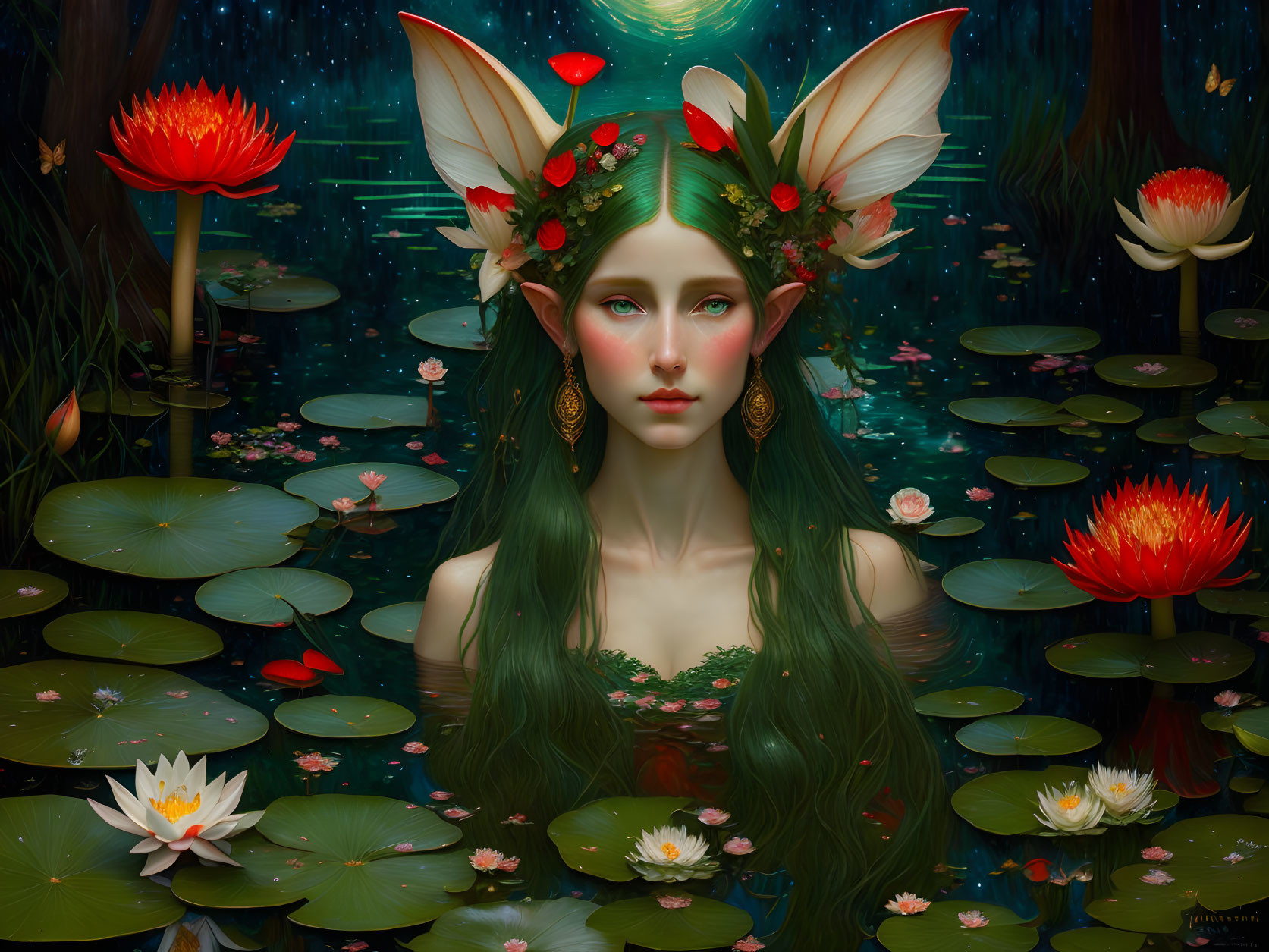 Fantasy illustration of green-haired female in tranquil pond with lotuses