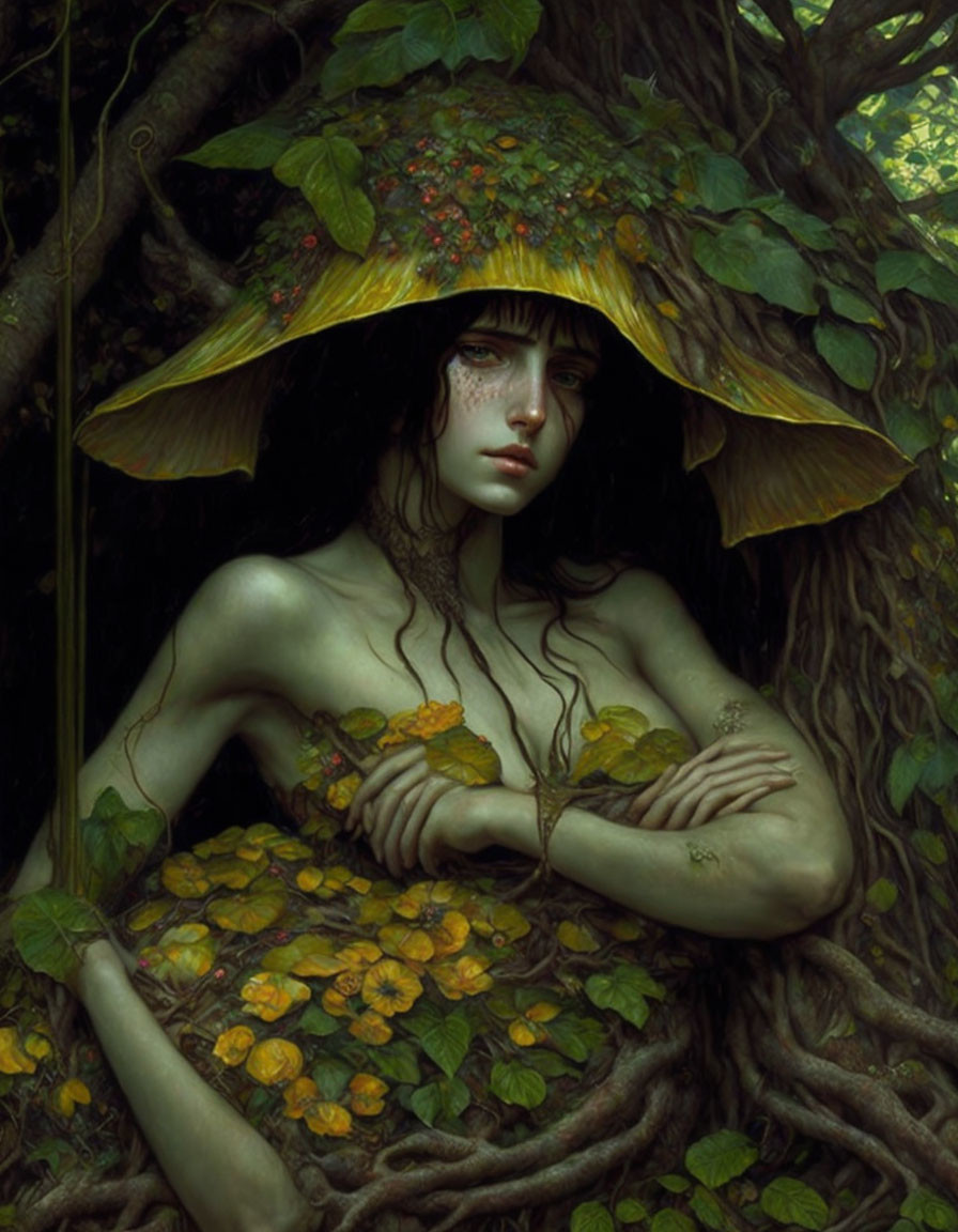 Surreal illustration of woman with mushroom hat and tree intertwining