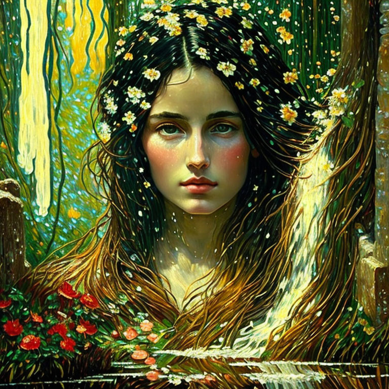 Portrait of young woman with flowers in hair in lush forest setting