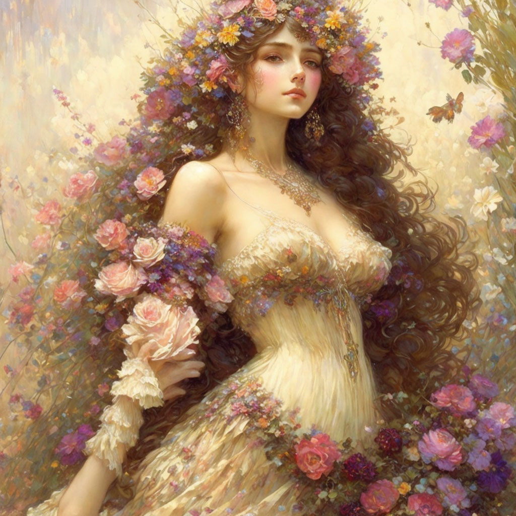 Woman in Floral Headdress with Flowing Hair and Blossom-Adorned Dress