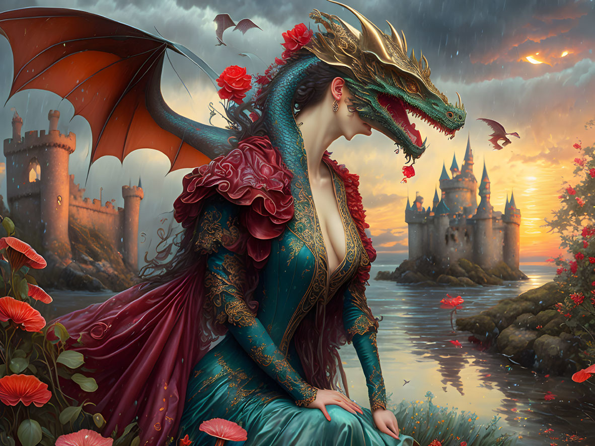 Medieval woman in dragon helmet by castle lake at sunset