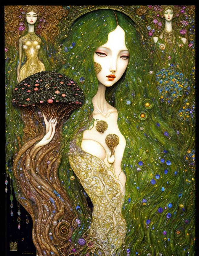 Detailed Artwork: Woman with Green Hair and Peacock Feathers in Nature Surroundings