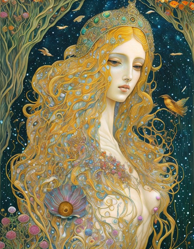 Detailed illustration of woman with golden hair and celestial motifs on starlit background.