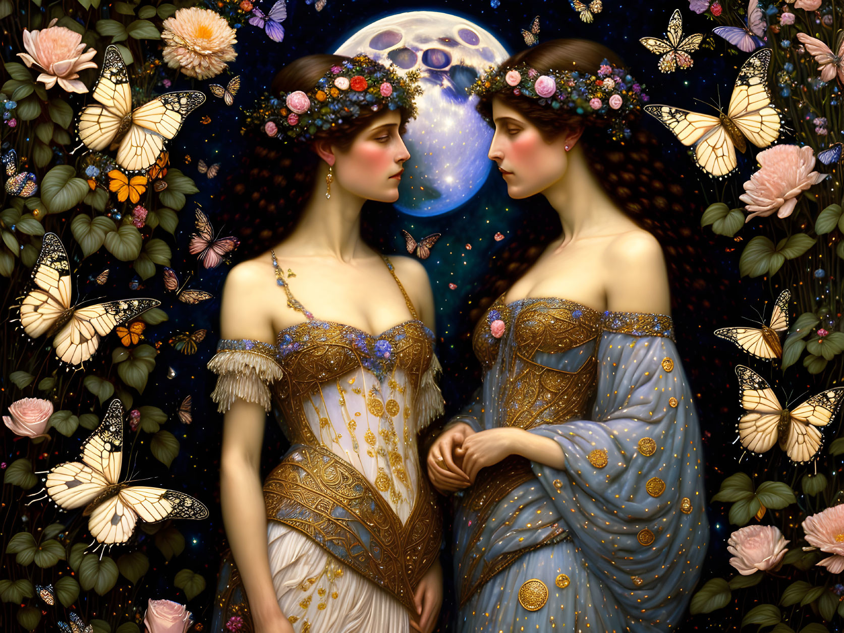 Women in ornate dresses with floral crowns under a full moon amidst butterflies and flowers in mystical setting