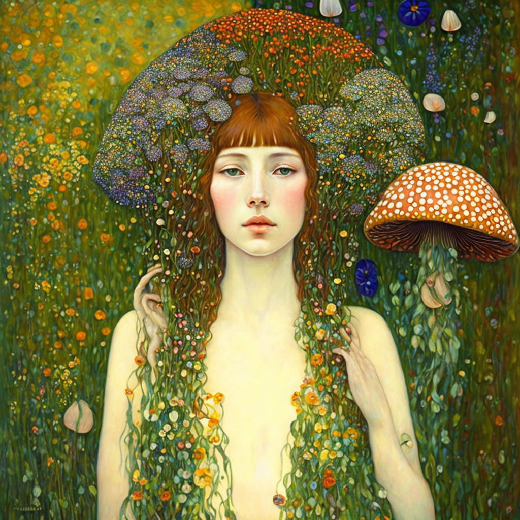 Woman in Mushroom Cap Hats Surrounded by Flowers, Snails, and Butterflies