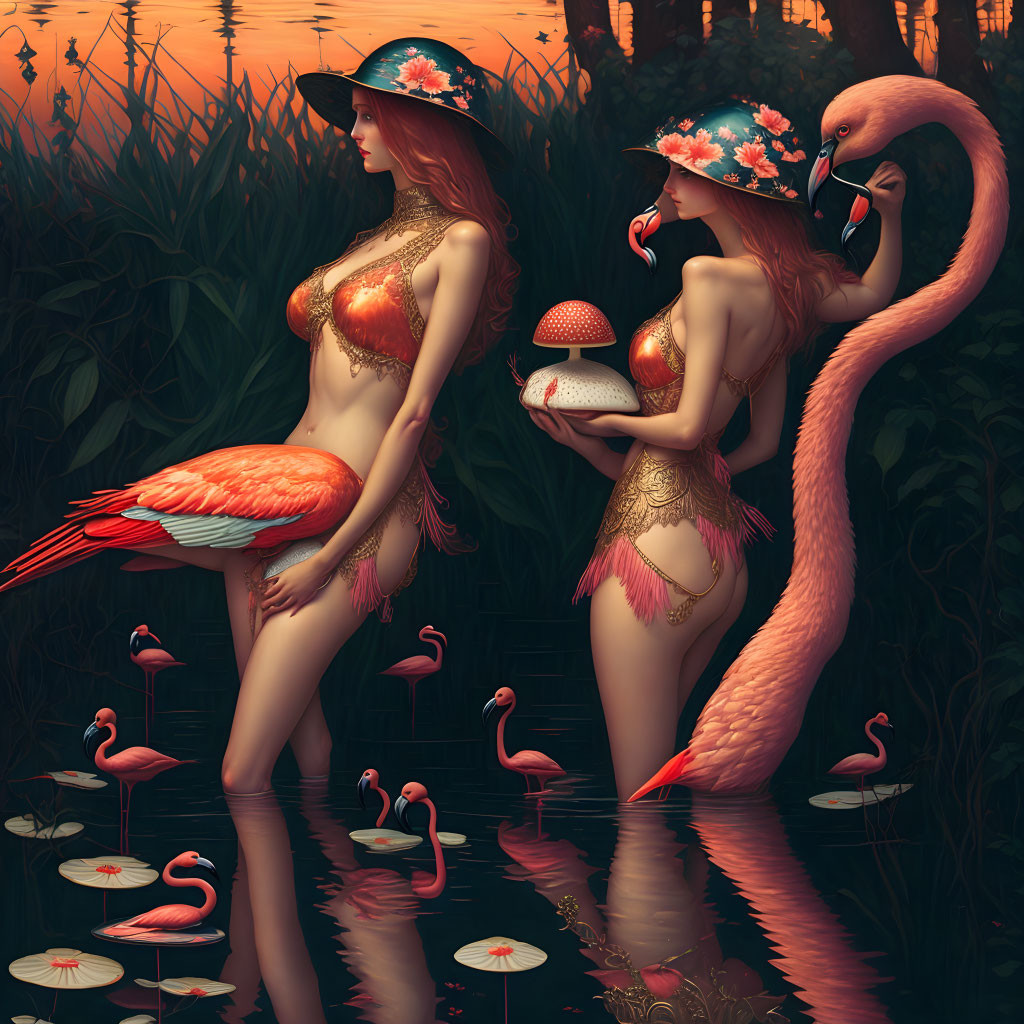 Stylized women in flamingo-themed attire at sunset by water