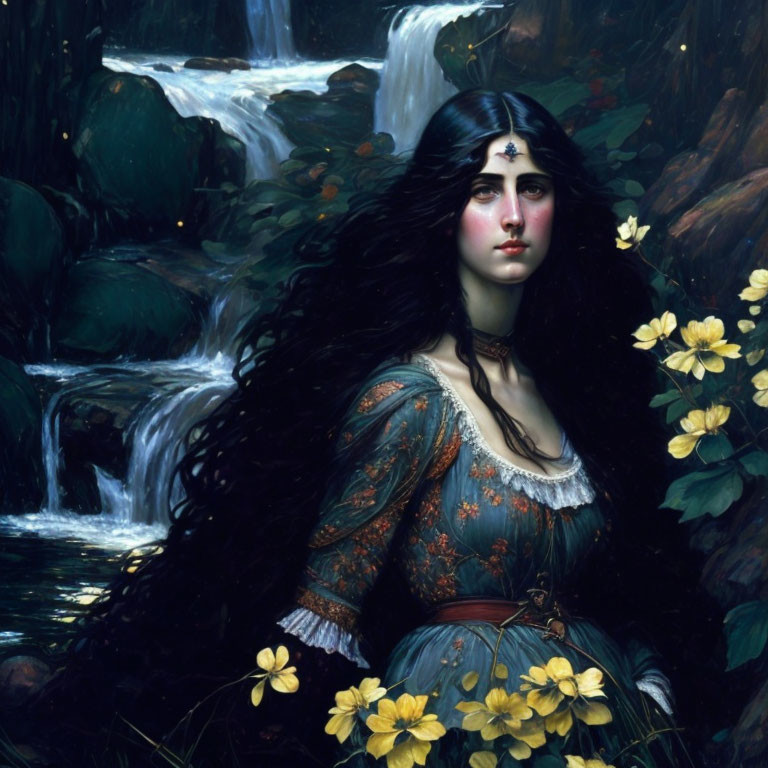 Woman with Long Black Hair Standing by Waterfall Adorned with Florals