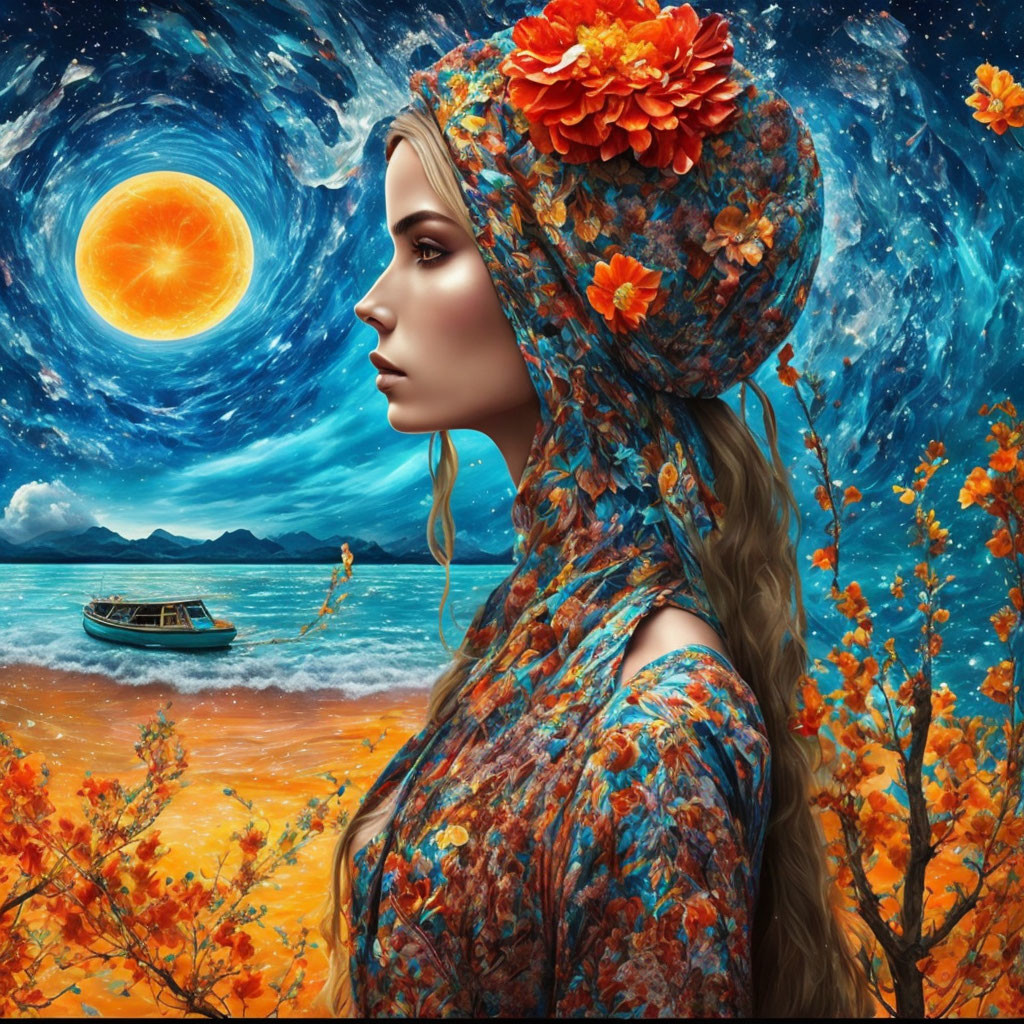 Surreal art: Woman in floral attire merges with vibrant landscape