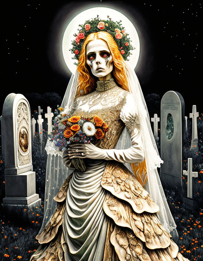 Spectral bride with skull-like face in moonlit graveyard setting