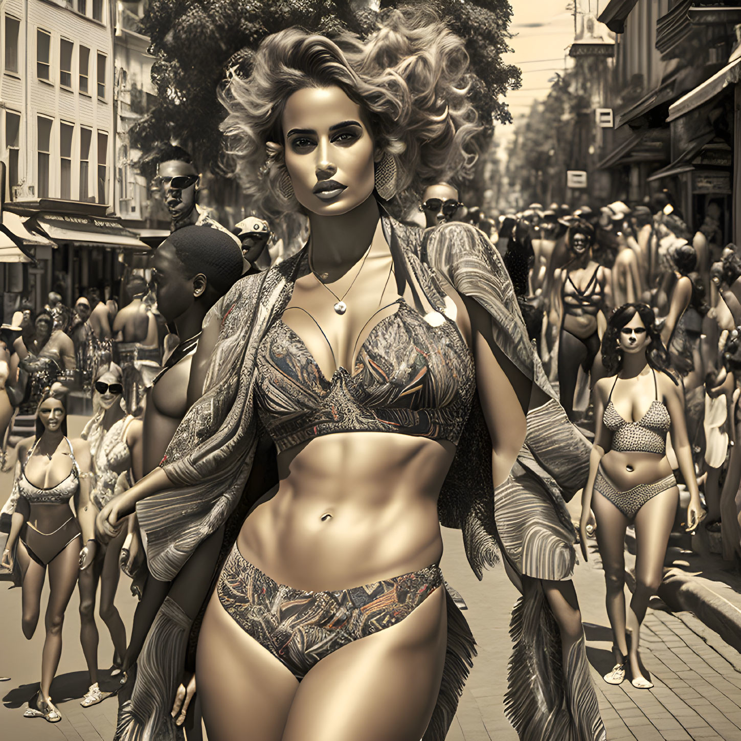 Stylized woman in beachwear among crowd on city street