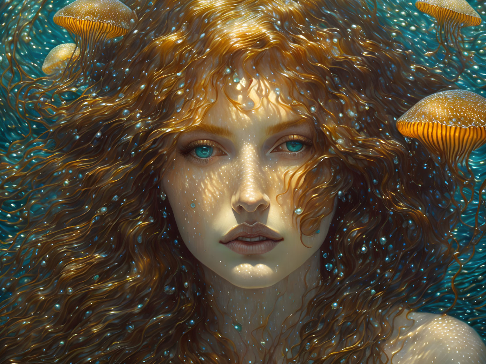 Woman with Blue Eyes and Auburn Hair Submerged in Water with Jellyfish