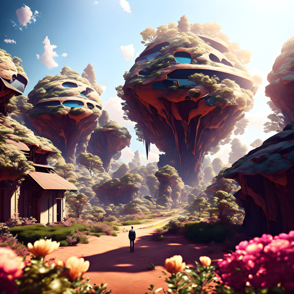 Person walking in fantastical forest with oversized mushroom-shaped trees and houses under a bright sky.