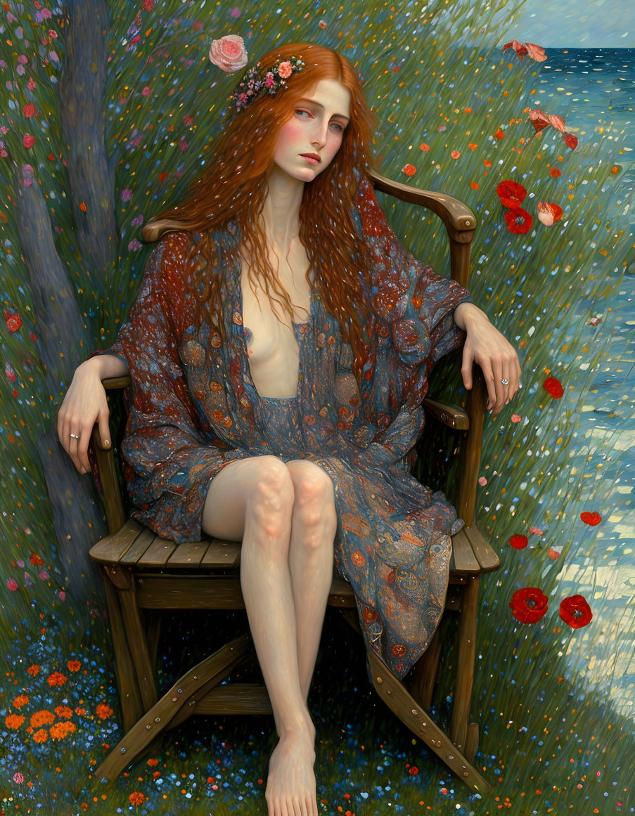 Red-haired woman on wooden chair surrounded by flowers in flowing garment.