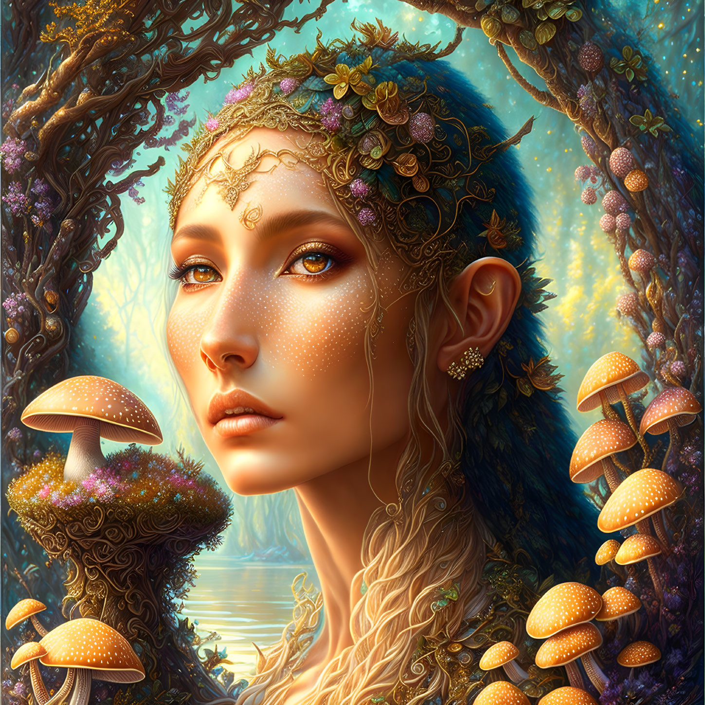 Ethereal female figure with elf-like ears in enchanted forest scenery