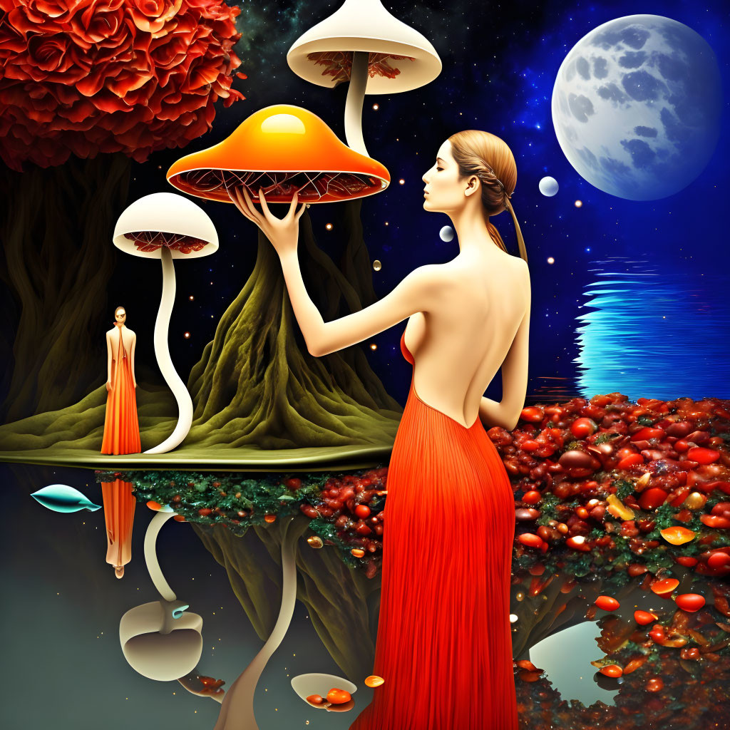 Surreal illustration of woman in red dress with oversized mushrooms and moonlit landscape