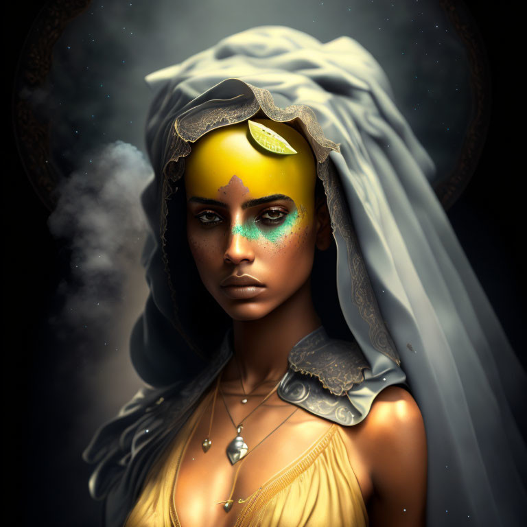 Digital portrait of a woman with glowing yellow forehead and ethereal makeup in hooded cloak against starry