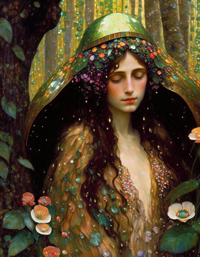 Woman with long hair and flowers in forest wearing large hat