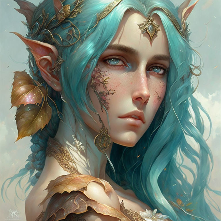 Fantasy elf with blue hair, gold jewelry, and foliage tattoos