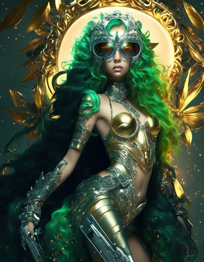 Stylized female figure in ornate armor with green hair and reflective goggles