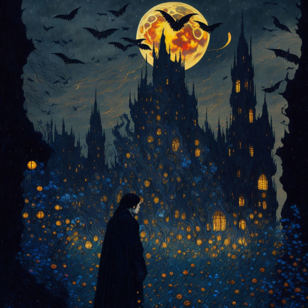 Cloaked figure at gothic castle under full moon