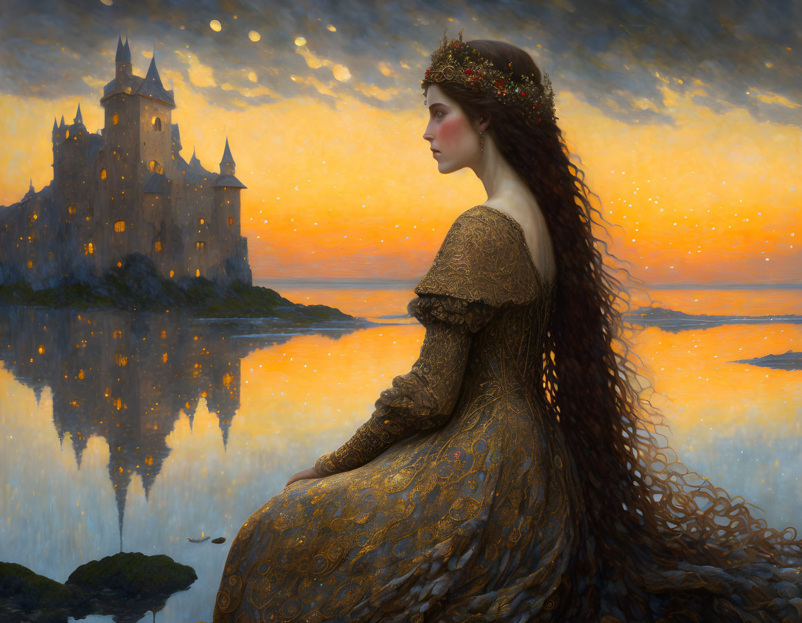 Woman in medieval attire by sunset-lit castle and water reflects fairy tale ambiance