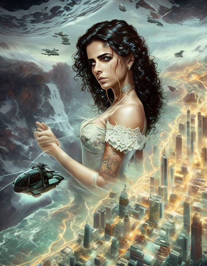 Digital painting of woman with tattoos in futuristic city ruins with lightning-filled sky