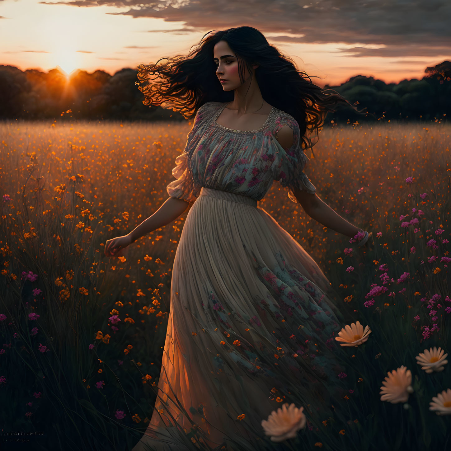 Woman in floral dress standing in flower field at sunset