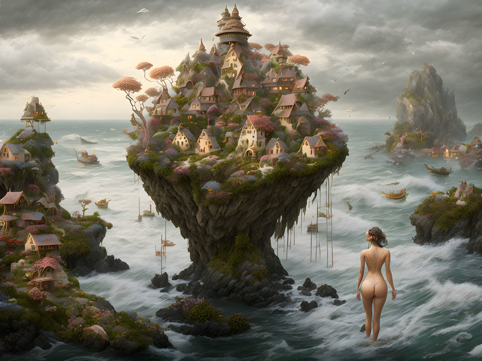 Fantastical floating island with traditional houses, boats, and giant human figure.