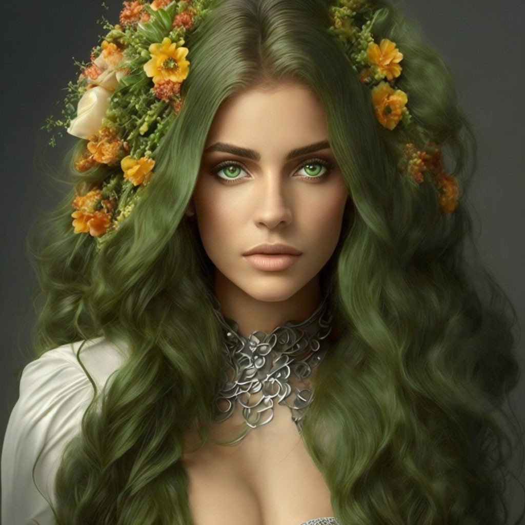 Portrait of Woman with Green Hair, Vibrant Green Eyes, Orange Flowers, and Metallic Choker