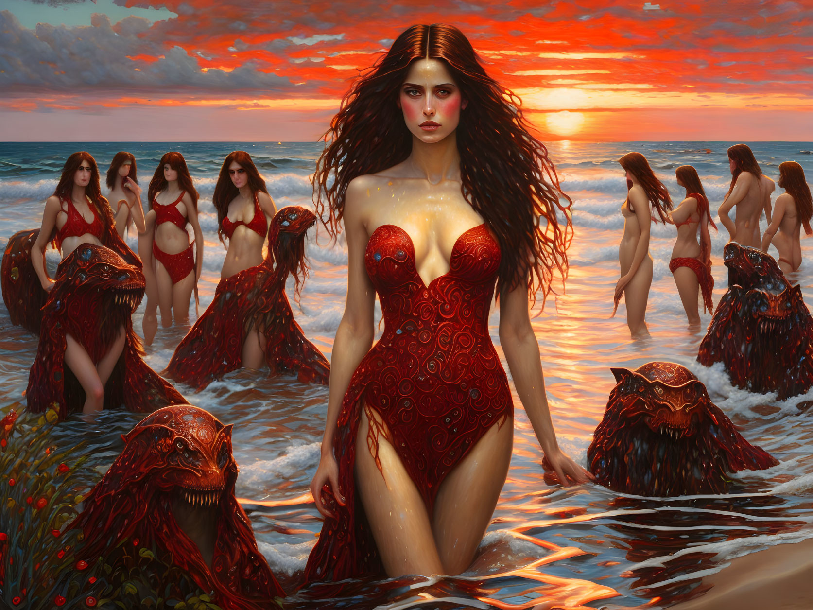 Digital artwork: Woman in red dress on beach at sunset with flowing hair figures