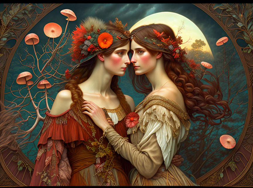 Fantasy women with floral headdresses in moonlit scene.