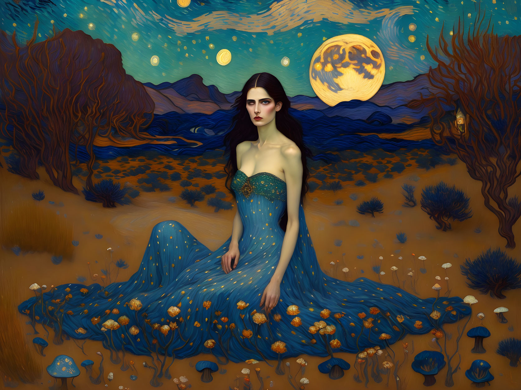 Illustration of woman in starry blue dress in moonlit, mushroom-dotted landscape.