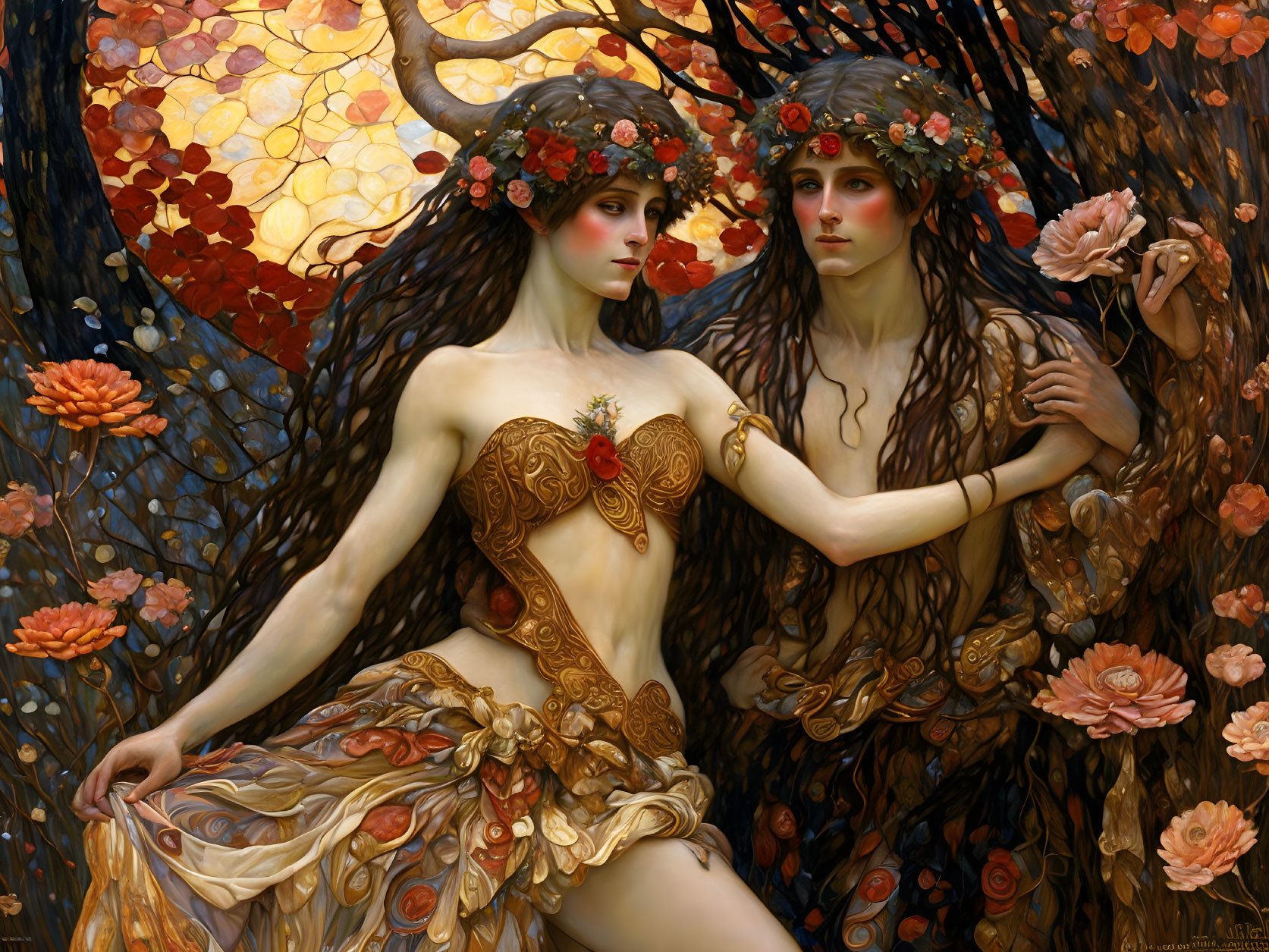 Floral-wreathed figures in nature-inspired attire among golden autumn leaves